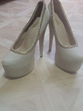 Platform Stiletto Pumps with Gold Chain Trim - Beige